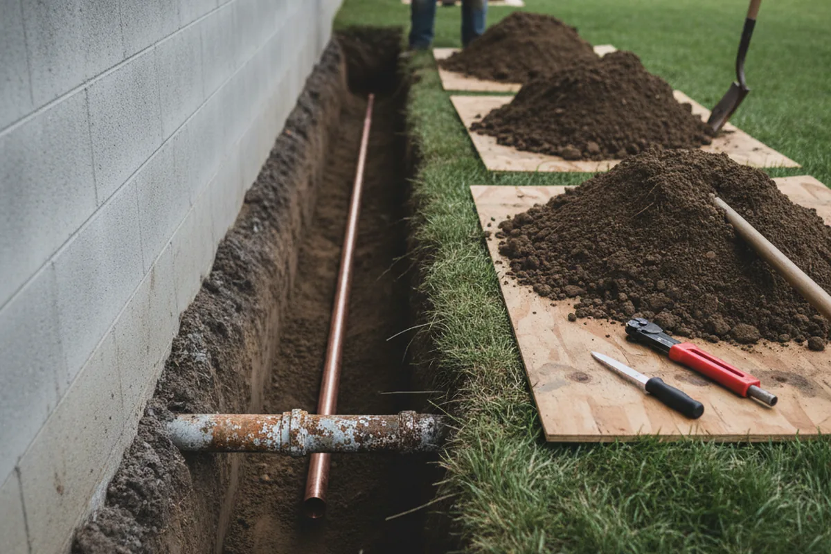 Excavated water line trench during Water Softener Installation in Hampton